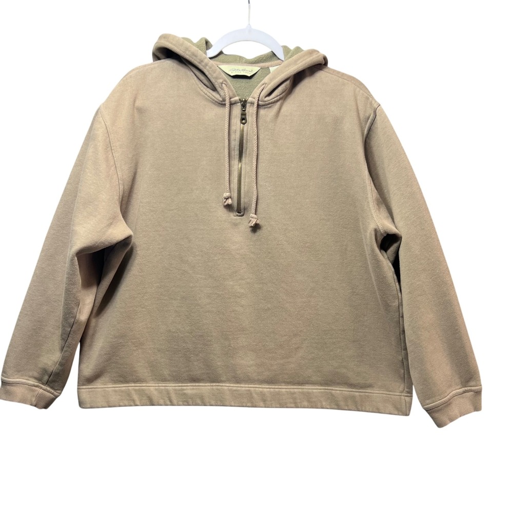 Y2K Eddie Bauer Womens XL Taupe Half Zip Hoodie Fleece Lined Pullover Sweatshirt